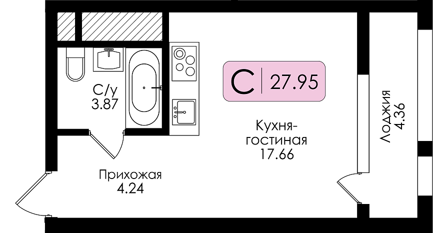 Квартира-студия №173 с чистовой отделкой, Корпус № 1, Секция 1