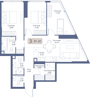 Трехкомнатная квартира № 598 