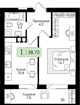 Однокомнатная квартира 38.7м², 3 этаж № 50