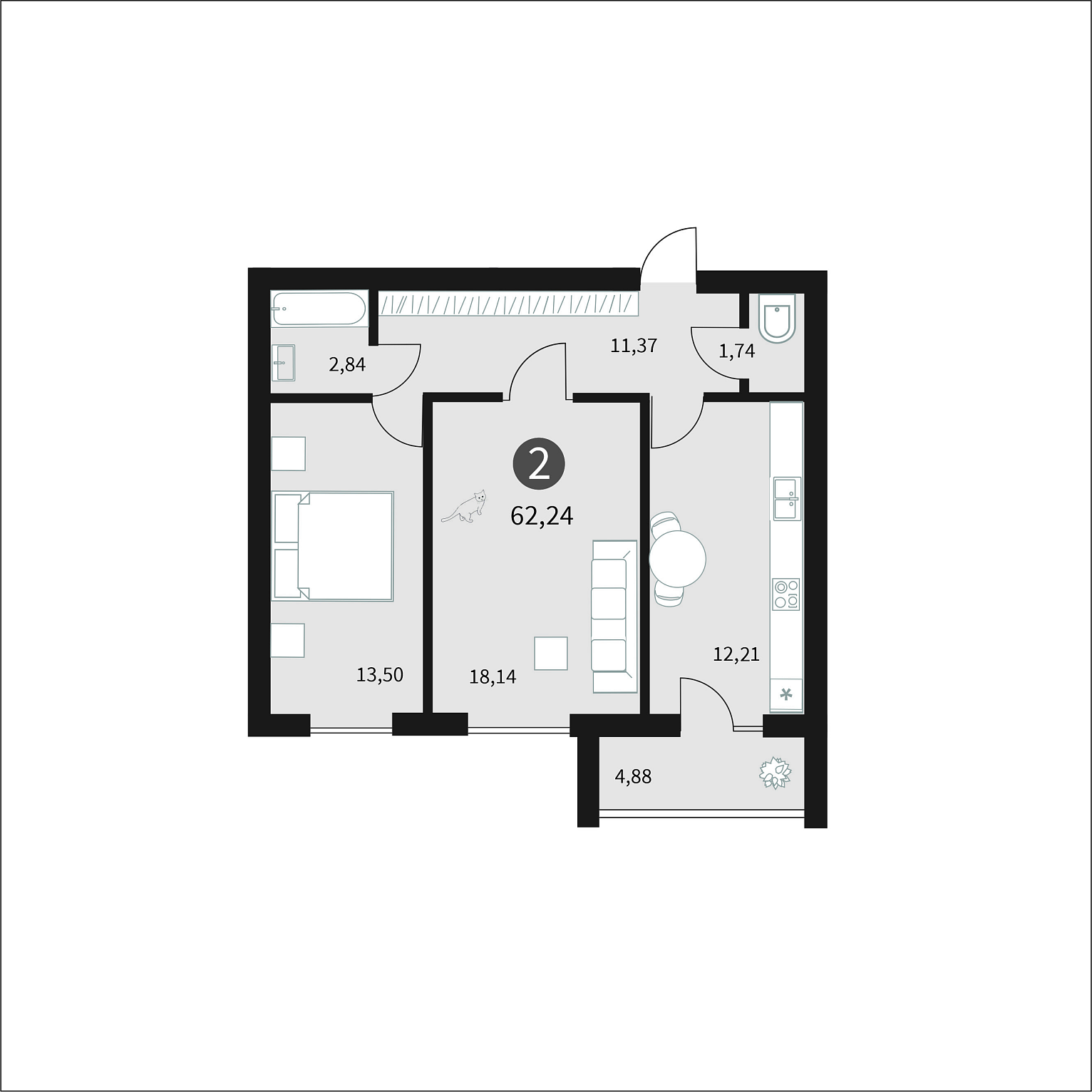 Двухкомнатная квартира №59 c черновой отделкой, Корпус дом №8, Секция 1