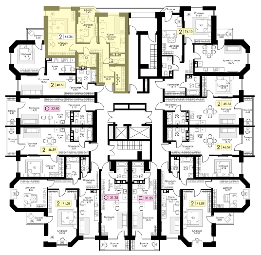 Двухкомнатная квартира №77 c черновой отделкой, Корпус №11, Секция 1