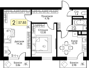 Двухкомнатная квартира 57.85м², 4 этаж № 44