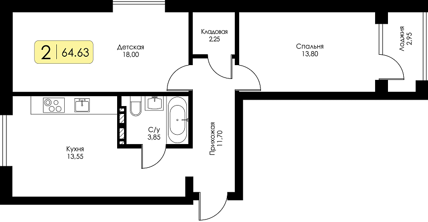 Двухкомнатная квартира №131 c черновой отделкой, Корпус А, Секция 2