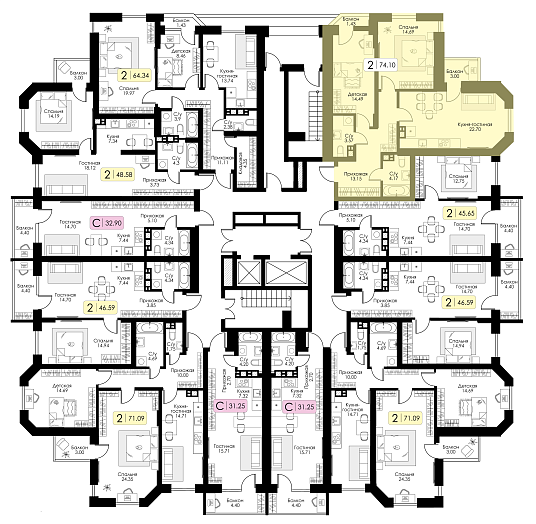 Двухкомнатная квартира №67 c черновой отделкой, Корпус №11, Секция 1