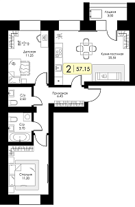 Двухкомнатная квартира №44