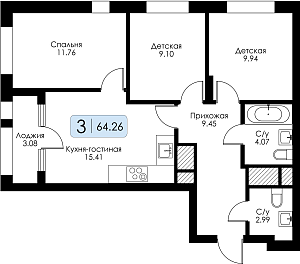 Трехкомнатная квартира №108