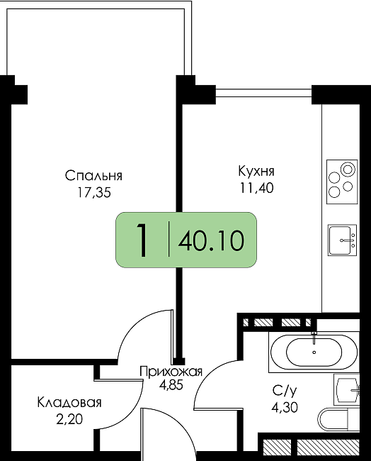 Однокомнатная квартира №9 c черновой отделкой, Корпус А, Секция 1