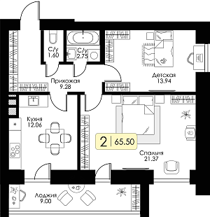 Двухкомнатная квартира 65.5м², 10 этаж № 58