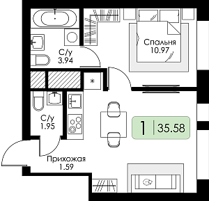 Однокомнатная квартира №16