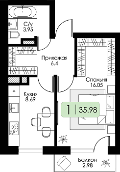 Однокомнатная квартира 35.98м², 4 этаж № 16