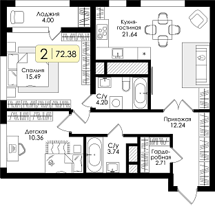 Двухкомнатная квартира 72.38м², 22 этаж № 210