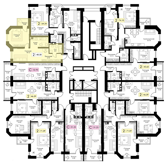 Двухкомнатная квартира №76 c черновой отделкой, Корпус №11, Секция 1