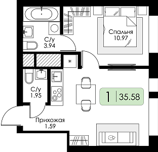 Однокомнатная квартира № 136