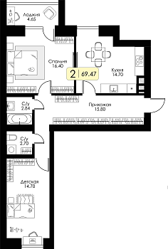 Двухкомнатная квартира 69.47м², 7 этаж № 42