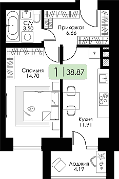 Однокомнатная квартира 38.87м², 8 этаж № 149