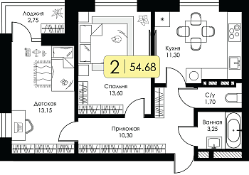 Двухкомнатная квартира 54.68м², 2 этаж № 192