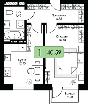 Однокомнатная квартира № 190 