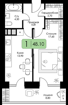 Однокомнатная квартира 48.1м², 5 этаж № 73