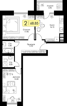 Двухкомнатная квартира 68.85м², 1 этаж № 5