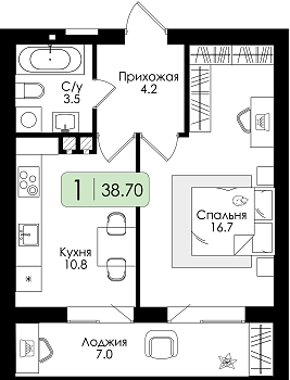 Однокомнатная квартира 38.7м², 3 этаж № 30