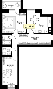 Двухкомнатная квартира 69.37м², 10 этаж № 60