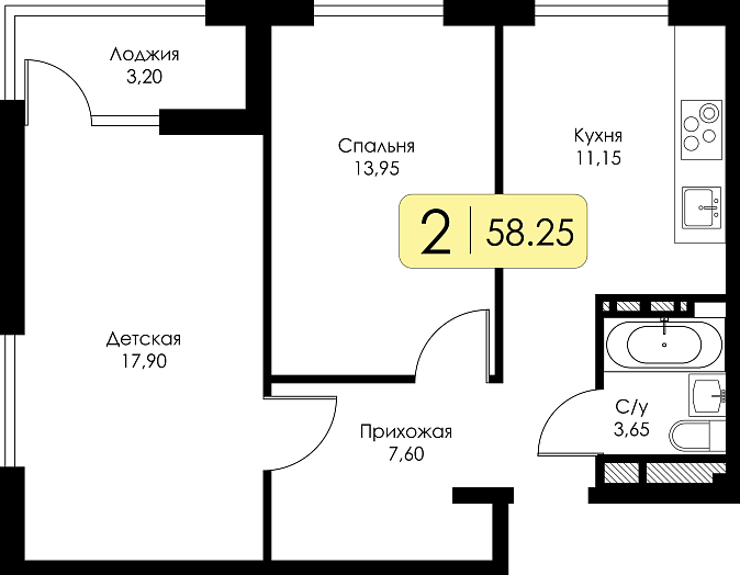 Двухкомнатная квартира №8 с чистовой отделкой, Корпус А, Секция 1