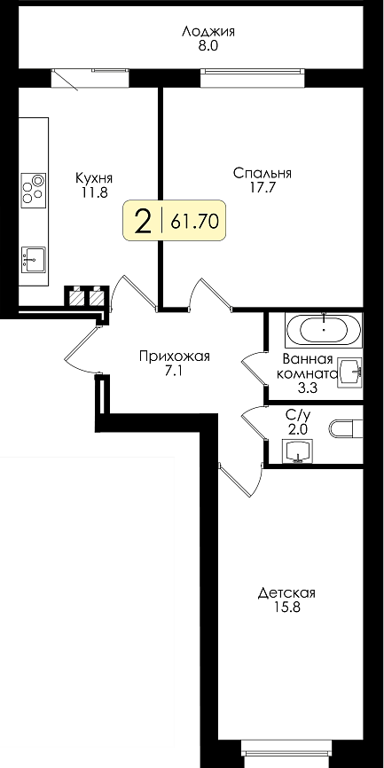 Двухкомнатная квартира №61 c черновой отделкой, Корпус Дом №1, Секция 4