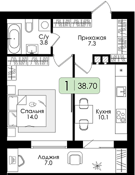 Однокомнатная квартира 38.7м², 1 этаж № 63