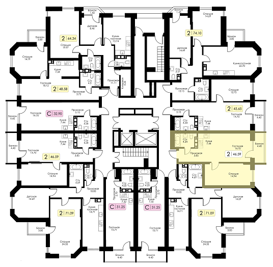 Двухкомнатная квартира №47 c черновой отделкой, Корпус №11, Секция 1