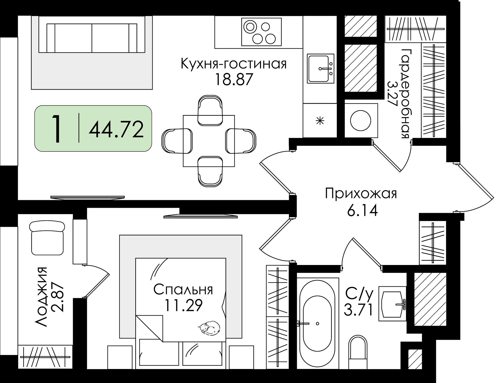 Однокомнатная квартира №79 с чистовой отделкой, Корпус № 1, Секция 1