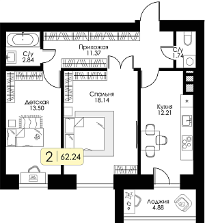 Двухкомнатная квартира 62.24м², 10 этаж № 59