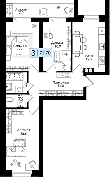 Трехкомнатная квартира 71.7м², 3 этаж № 12