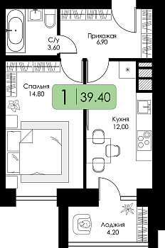 Однокомнатная квартира 39.4м², 10 этаж № 99