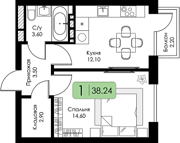 Однокомнатная квартира 38.24м², 5 этаж № 134