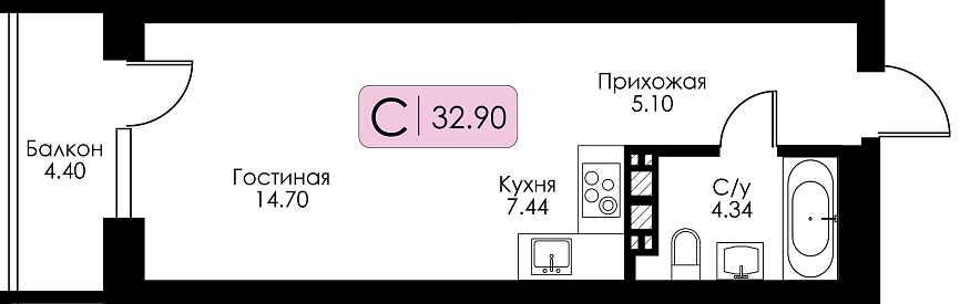 Квартира-студия №20 с чистовой отделкой, Корпус №12, Секция 1