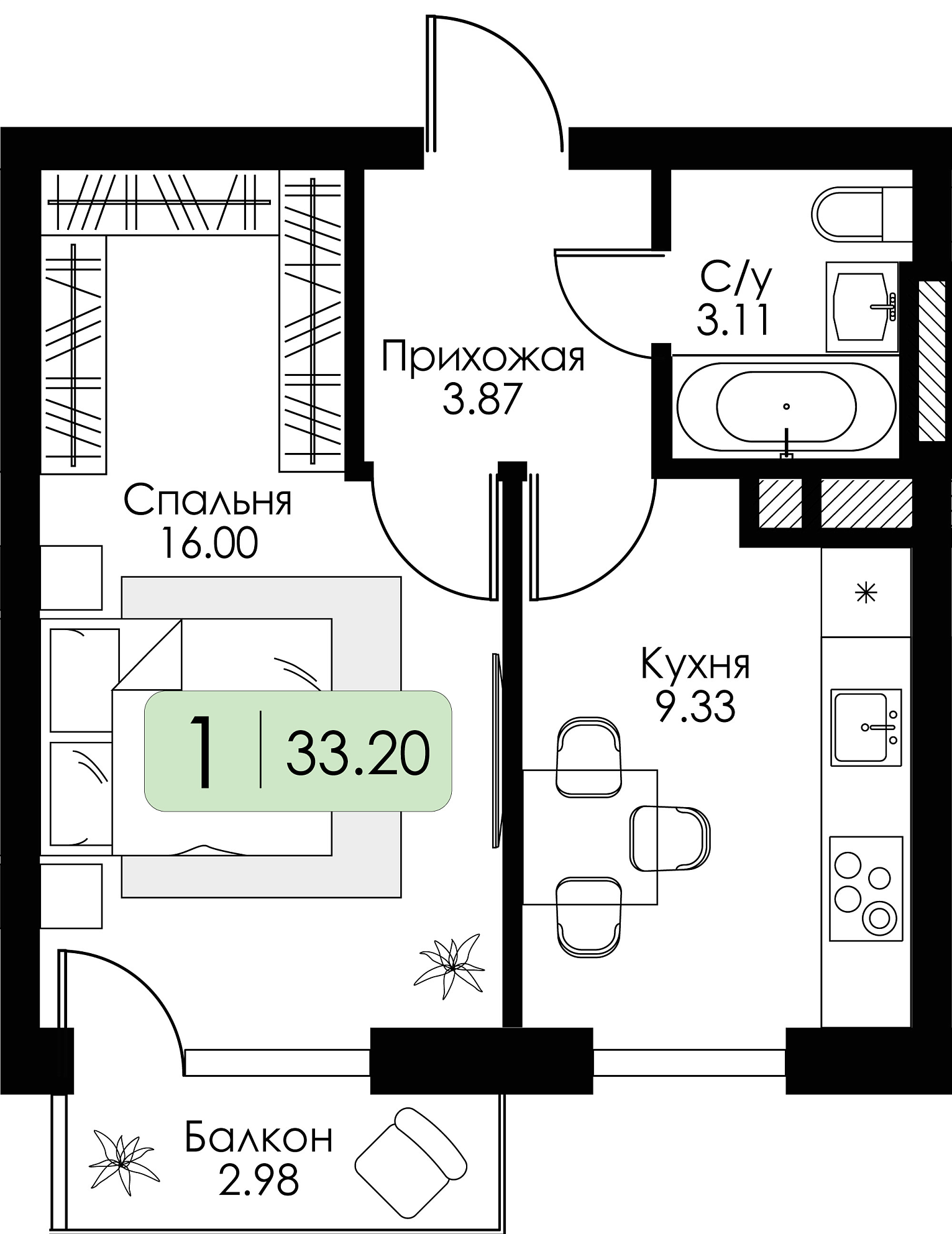 Однокомнатная квартира №15 c черновой отделкой, Корпус Дом №1, Секция 1