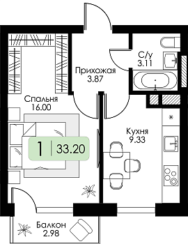 Однокомнатная квартира 33.2м², 4 этаж № 15