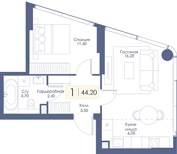 Однокомнатная квартира № 44 