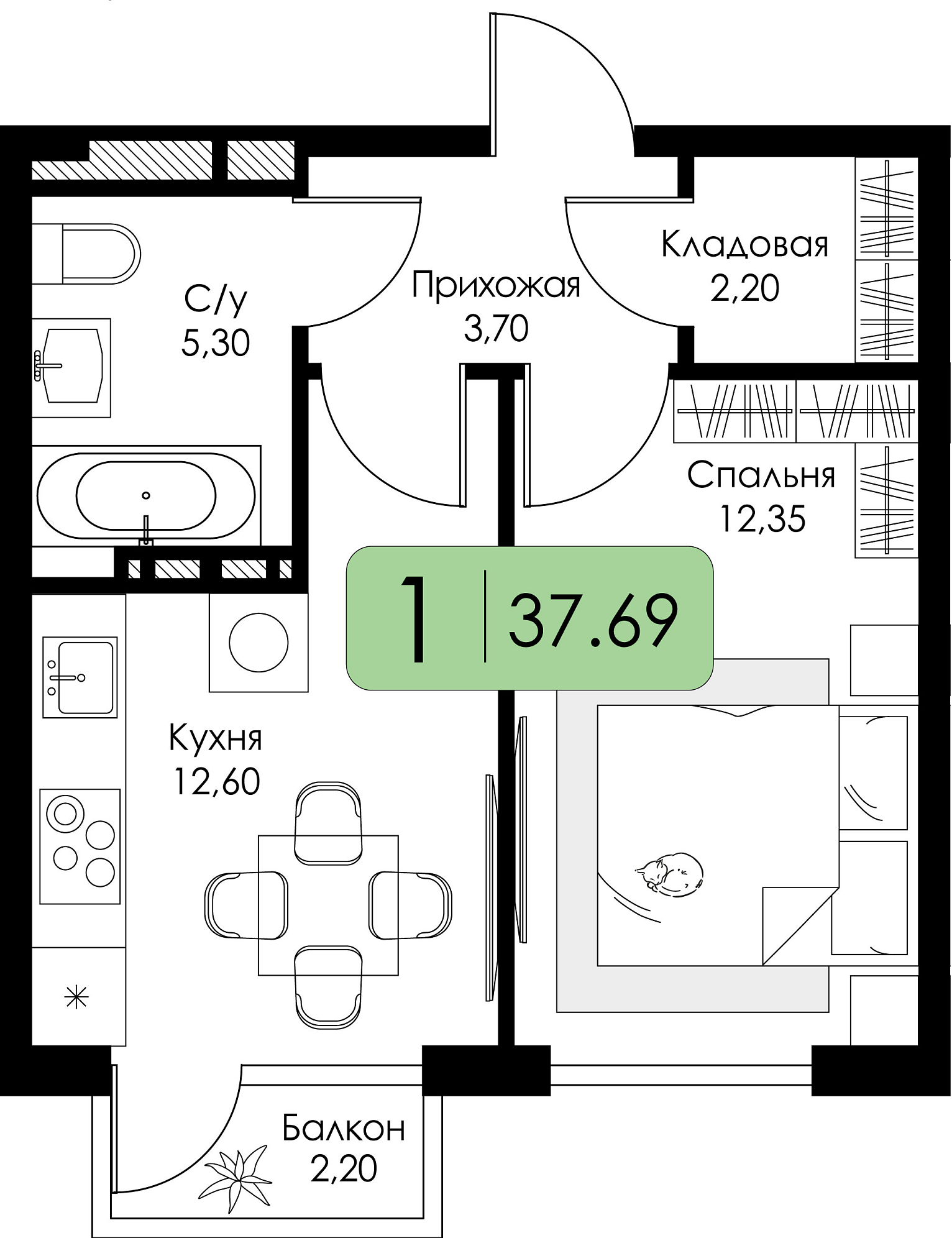 Однокомнатная квартира №107 c черновой отделкой, Корпус А, Секция 1