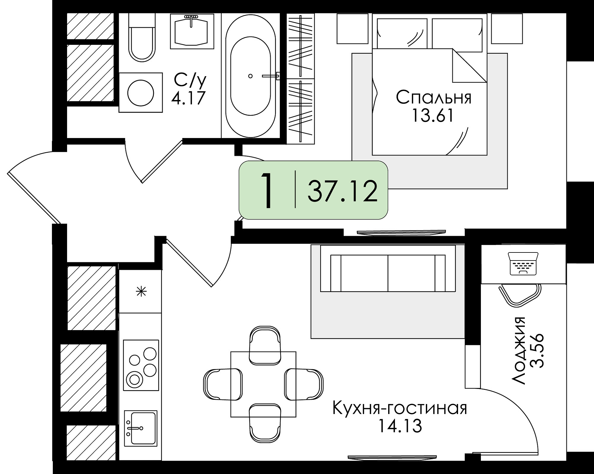 Однокомнатная квартира №278 с чистовой отделкой, Корпус № 2, Секция 1