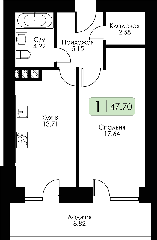 Однокомнатная квартира №98 с чистовой отделкой, Корпус дом №7, Секция 2