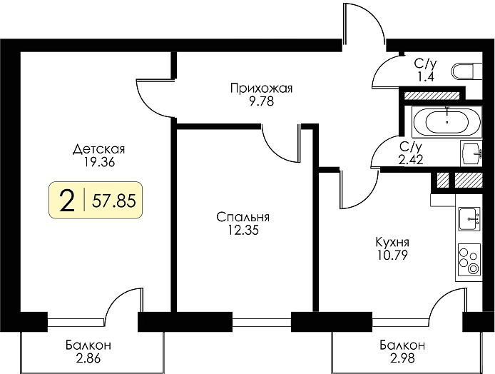 Двухкомнатная квартира №44 c черновой отделкой, Корпус Дом №1, Секция 3