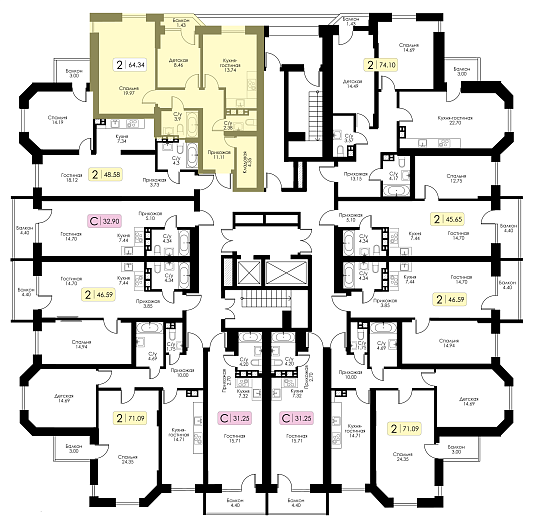 Двухкомнатная квартира №77 c черновой отделкой, Корпус №11, Секция 1