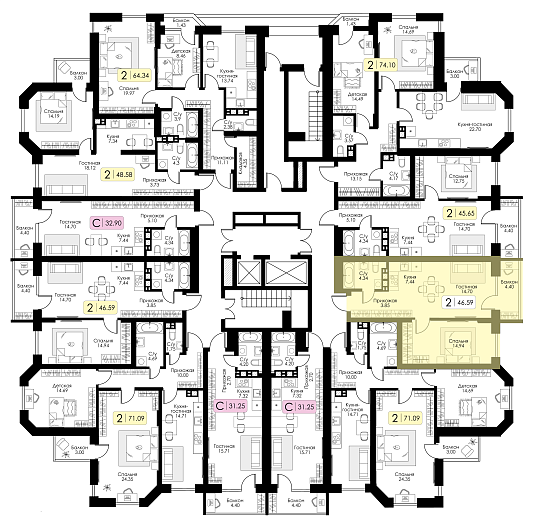 Двухкомнатная квартира №69 c черновой отделкой, Корпус №11, Секция 1