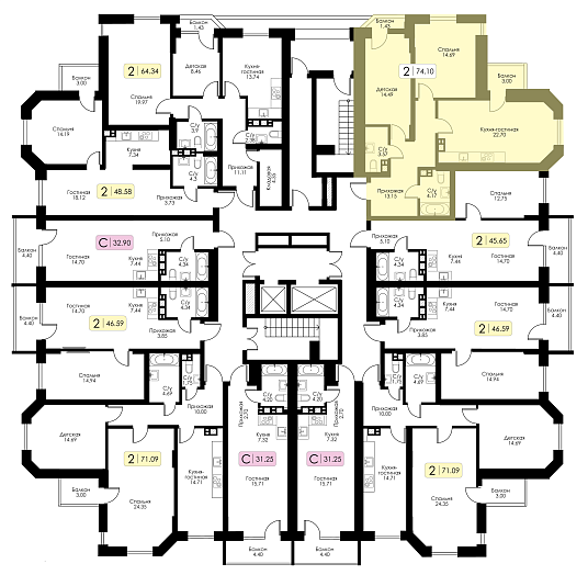 Двухкомнатная квартира №67 c черновой отделкой, Корпус №11, Секция 1