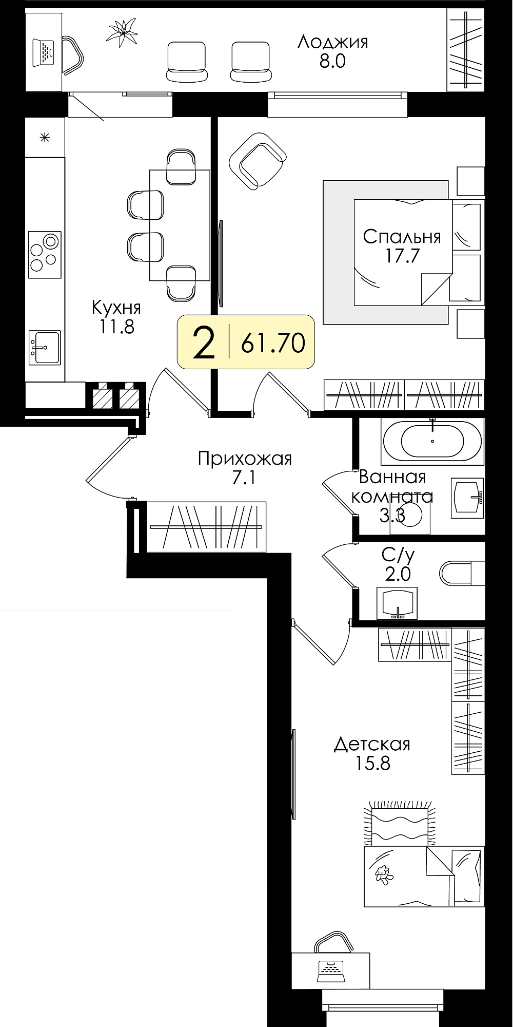 Двухкомнатная квартира №77 c черновой отделкой, Корпус Дом №1, Секция 4