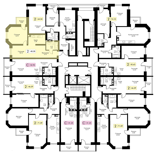 Двухкомнатная квартира №76 c черновой отделкой, Корпус №11, Секция 1