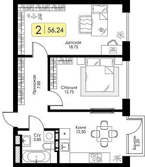 Двухкомнатная квартира 56.24м², 11 этаж № 183