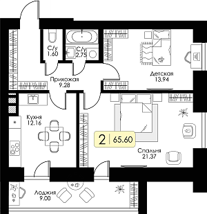 Двухкомнатная квартира 65.6м², 3 этаж № 16