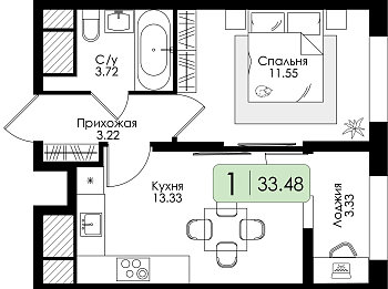 Однокомнатная квартира 33.48м², 6 этаж № 60